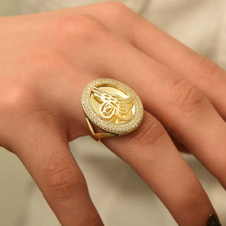 Ring - Gold-Tone Ottoman Tugra Statement Ring with Pave Zircon