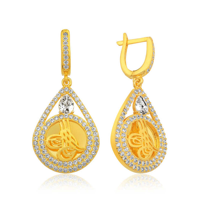 Gold-Tone Tughra Drop Earrings - Sparkling Zirconia Teardrop
