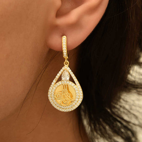 Gold-Tone Tughra Drop Earrings - Sparkling Zirconia Teardrop