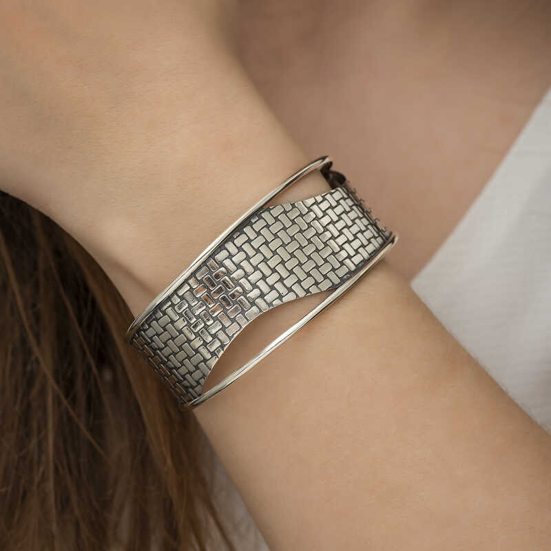 Sterling Silver Cuff Bracelet - Basketweave Textured Statement
