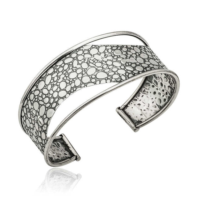 Cuff Bracelet - Sterling Silver Oxidized Pebble Pattern Statement