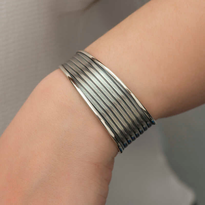 Cuff Bracelet - Sterling Silver Antiqued Woven Pattern