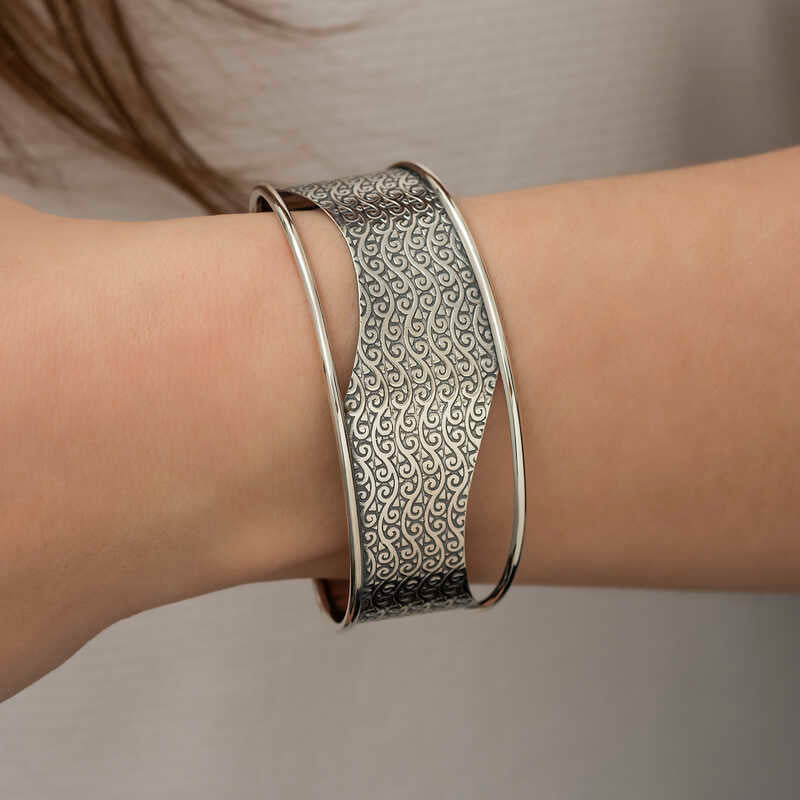 Sterling Silver Cuff Bracelet - Intricate Oxidized Scroll Pattern