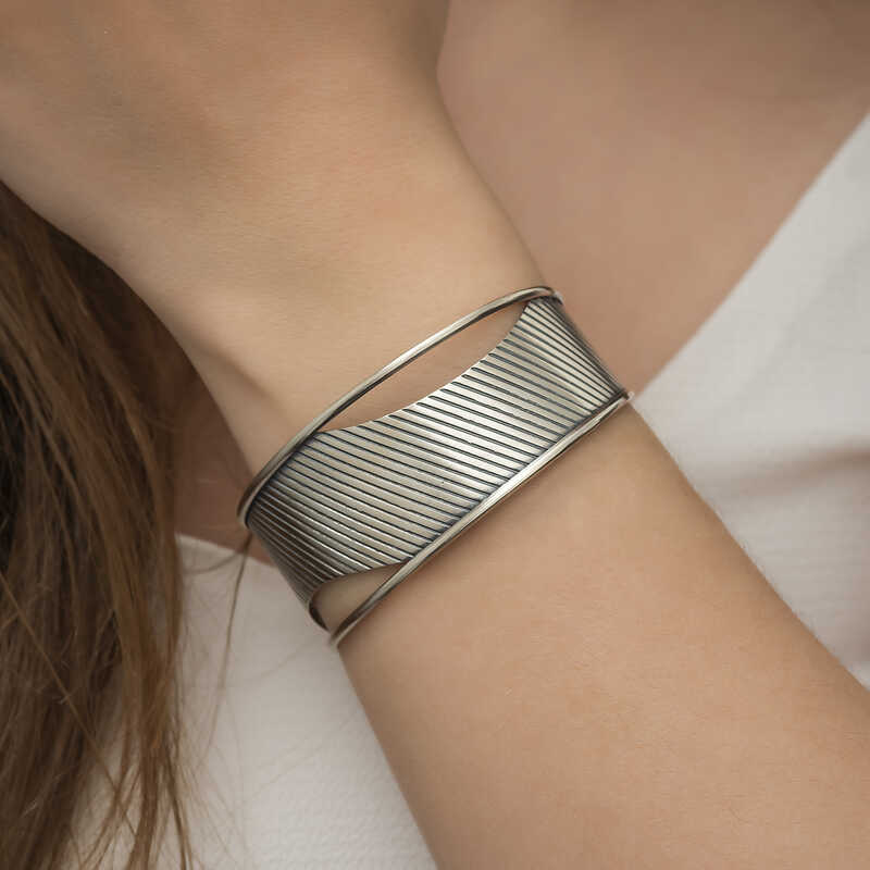 Cuff Bracelet - Oxidized Silver Striped Statement Design