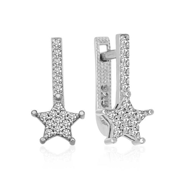 Sterling Silver Zirconia Pave Star Dangle Hoop Earrings