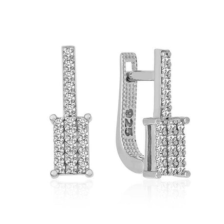 Sterling Silver Dangle Earrings - Pave Zircon Rectangle Drop