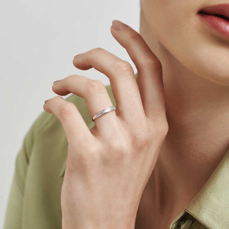 Ring - Sterling Silver Baguette Diamond Simulant Chevron Band