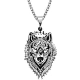 Necklace - Silver-Tone Tribal Wolf Head Pendant with Ancient Script