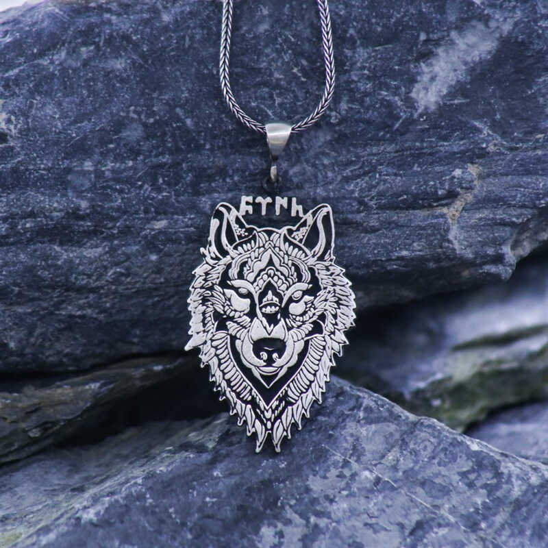 Necklace - Silver-Tone Tribal Wolf Head Pendant with Ancient Script