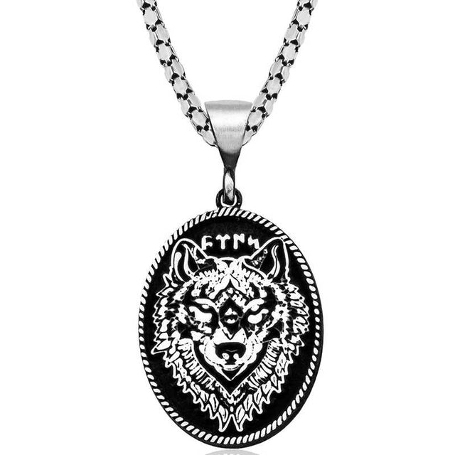 Silver-Tone Wolf Head Pendant Necklace - Old Turkic Script