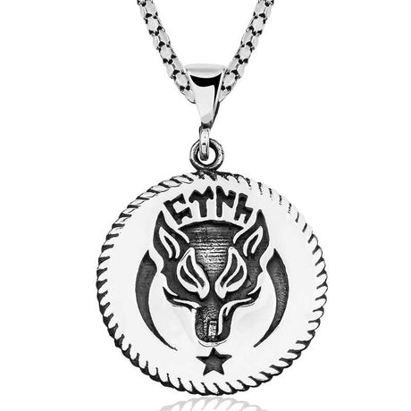 Silver Necklace - Runic Wolf Head Gokturk Turkish Heritage Pendant