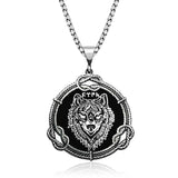 Sterling Silver Wolf Head Pendant Necklace - Runic Script & Rope Detail