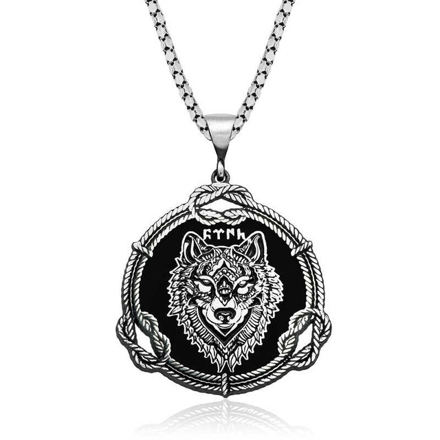 Sterling Silver Wolf Head Pendant Necklace - Runic Script & Rope Detail
