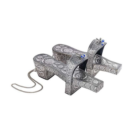 Ornamental Clogs - Silver-Tone Engraved Floral with Blue Gemstones