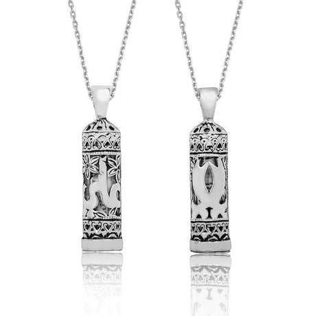 Sterling Silver Cylindrical Amulet Necklace - Intricately Carved Spiritual Design