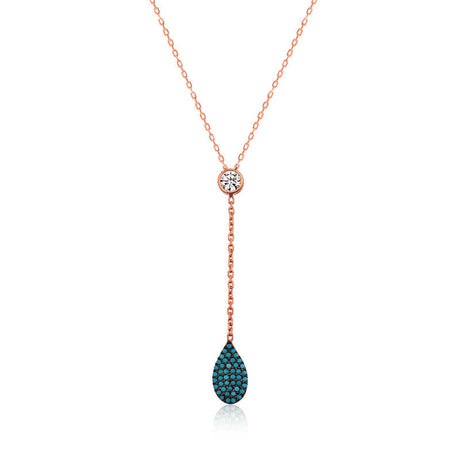 Rose Gold Plated Lariat Necklace - CZ & Turquoise Teardrop