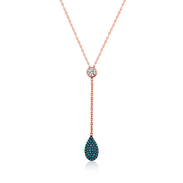 Rose Gold Plated Lariat Necklace - CZ & Turquoise Teardrop