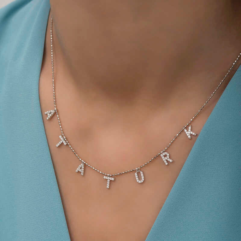 Dainty Necklace - Silver-Tone Pave Diamond ATATURK Letter
