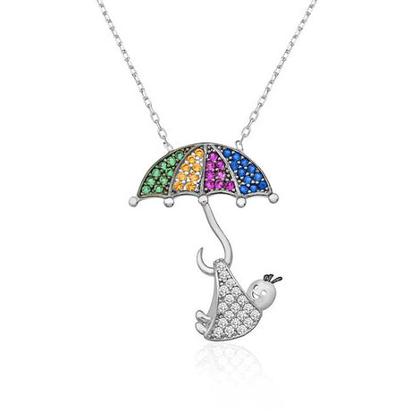 Necklace - Sterling Silver Zirconia Rainbow Umbrella Baby Pendant