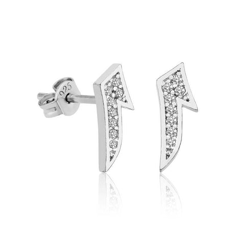 Sterling Silver Lightning Bolt Stud Earrings - Sparkling Cubic Zirconia