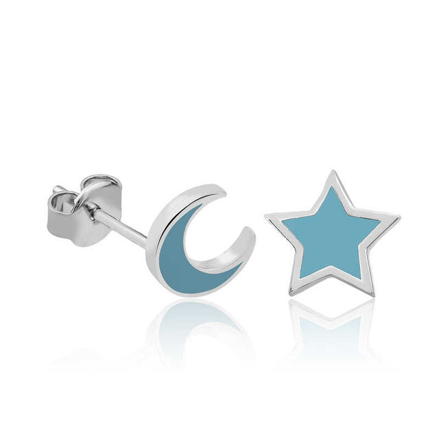 Sterling Silver Moon & Star Stud Earrings - Aqua Enamel