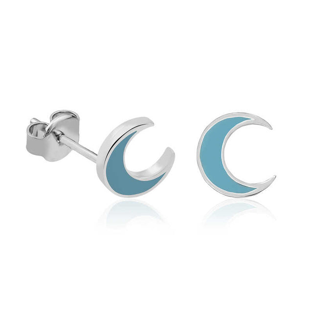 Sterling Silver Crescent Moon Stud Earrings with Blue Enamel