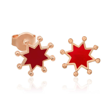 Rose Gold Tone Stud Earrings - Red Enamel Starburst Design