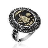 Ring - Sterling Silver Black Zircon Ottoman Tughra Statement Ring