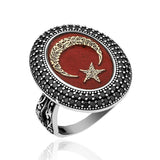 Sterling Silver Ring - Red Stone Ottoman Crescent Moon & Star