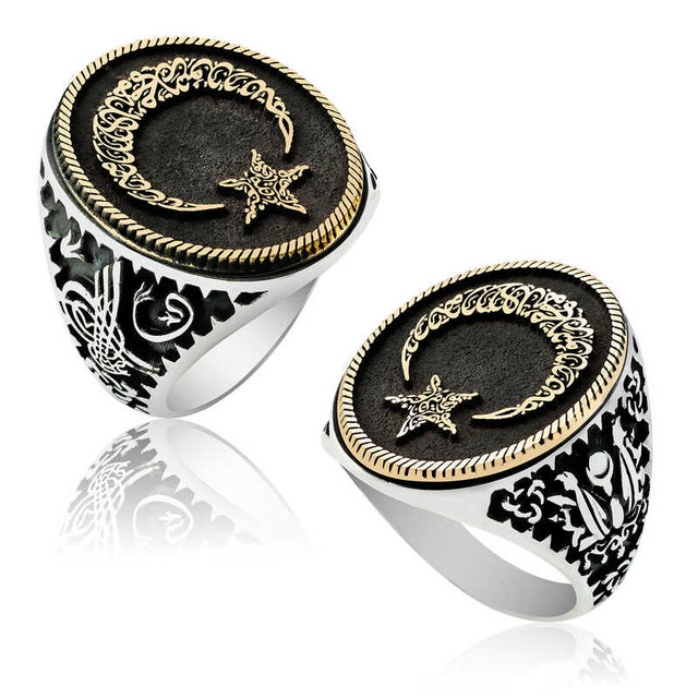 Premium Sterling Silver Mens Ring with Gokturk Alphabet Crescent Star Design