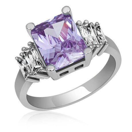 Sterling Silver Ring - Lilac Emerald Cut & Baguette Side Stones