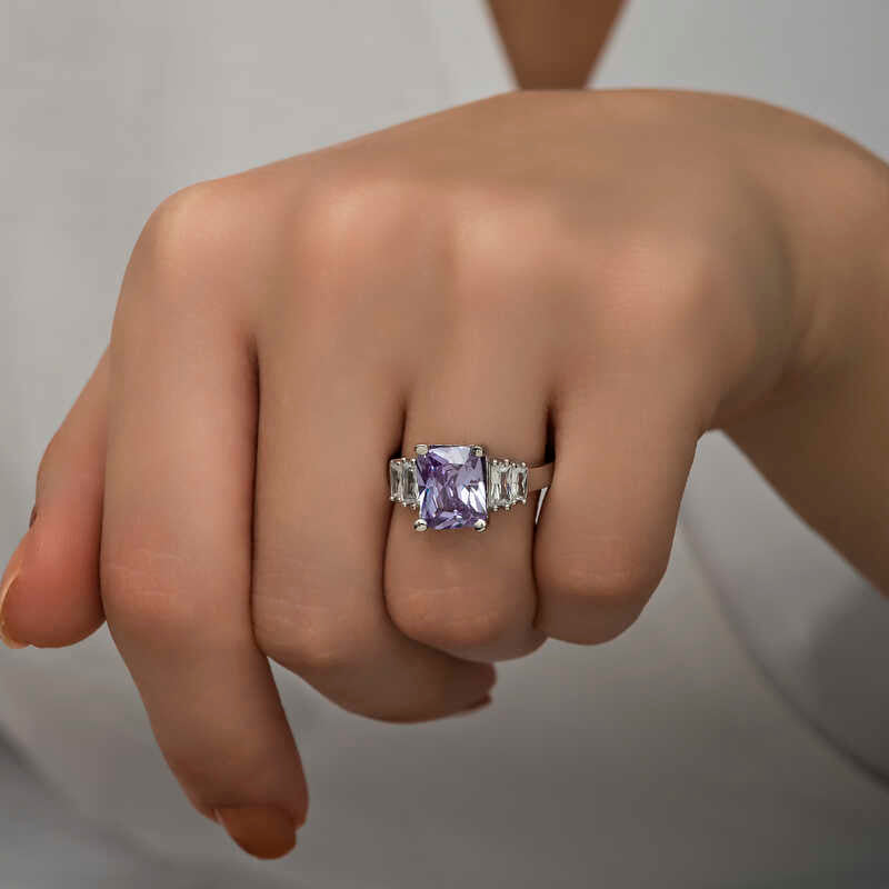 Sterling Silver Ring - Lilac Emerald Cut & Baguette Side Stones