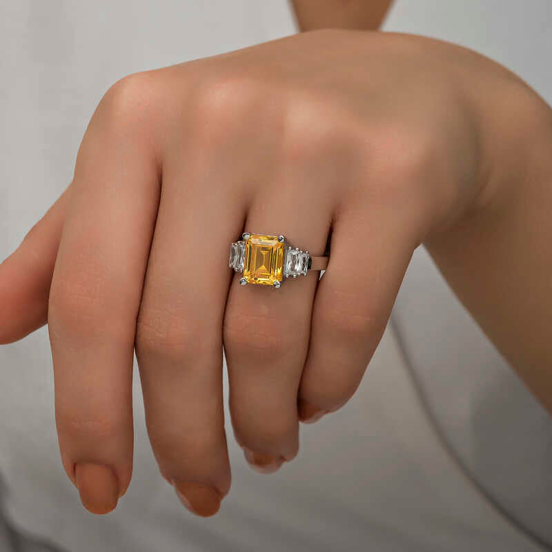 Silver Ring - Elegant Yellow Baguette & White Side Stone Ring