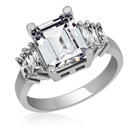 Ring - Sterling Silver Emerald & Baguette Cut Clear Stone Ring