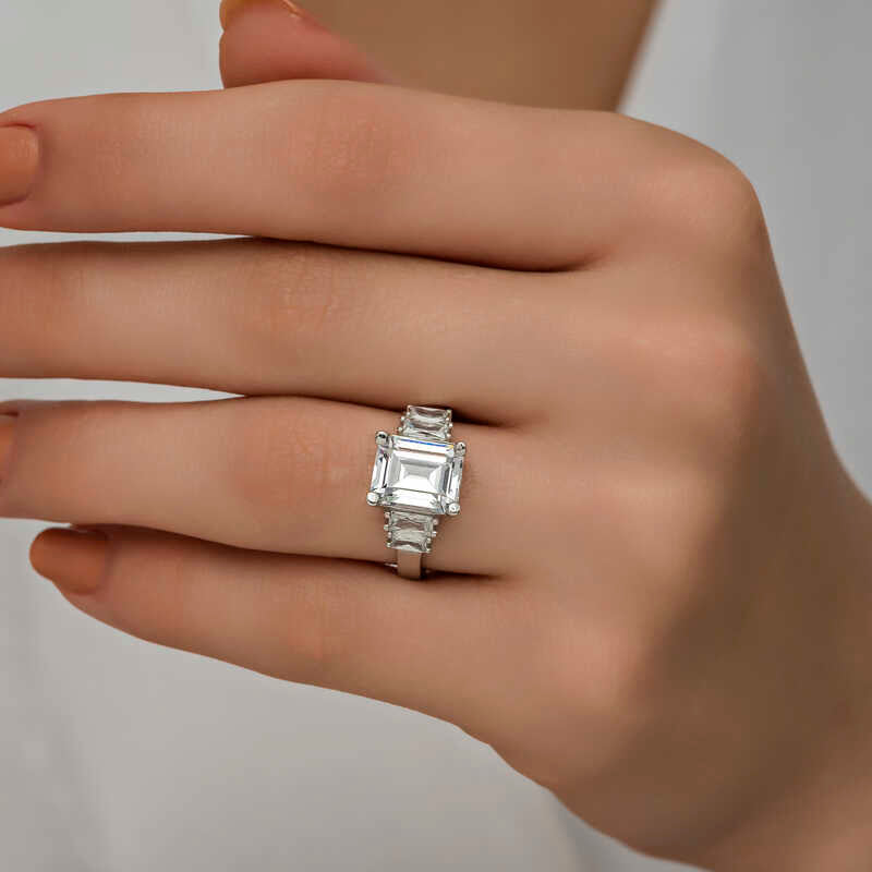 Ring - Sterling Silver Emerald & Baguette Cut Clear Stone Ring