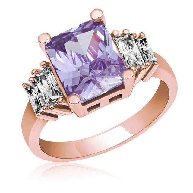 Statement Ring - Rose Gold Plated Purple Gemstone & Baguette Stones