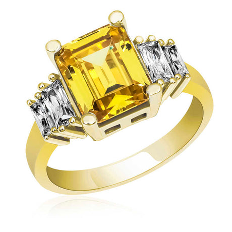 Three-Stone Ring - Gold-Tone Yellow Emerald Cut Gemstone