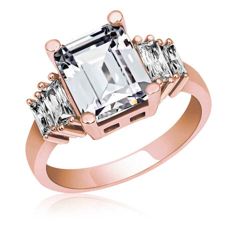 Rose Gold Plated Ring - Elegant Rectangular Cut Three Stone