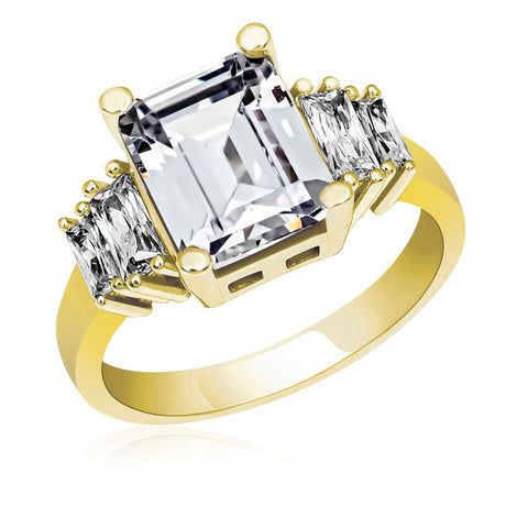 Gold-Tone Ring - Elegant Emerald-Cut & Baguette Clear Stone Design