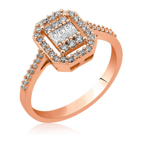 Rose Gold Tone Ring - Baguette Halo Diamond Simulant Statement Ring