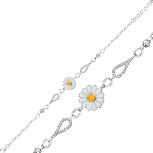 Sterling Silver Daisy Charm Bracelet - Dainty CZ & Enamel