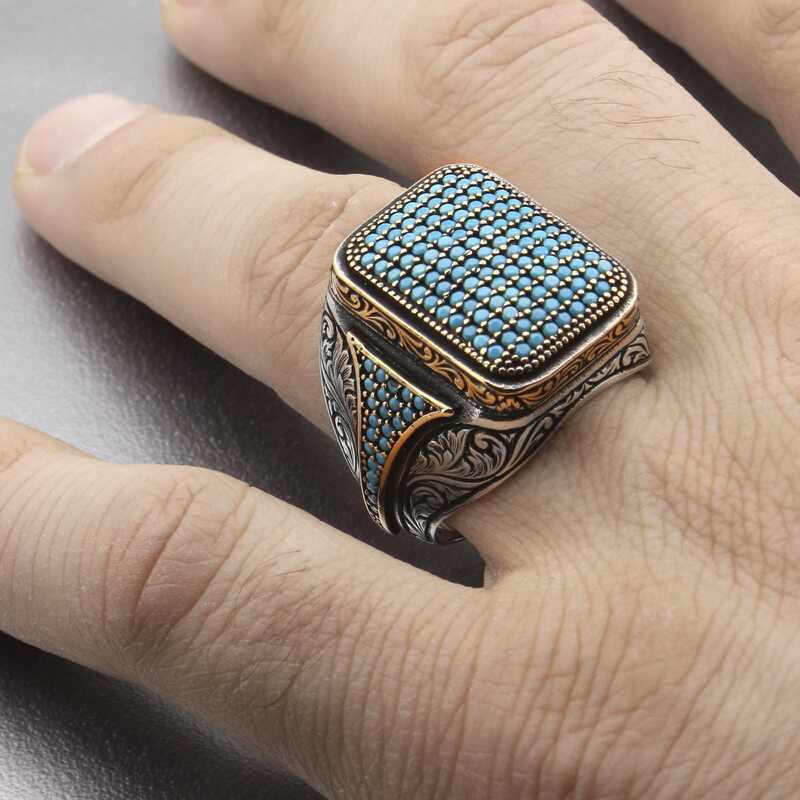 Premium Men's Sterling Silver Turquoise Zircon Square Ring