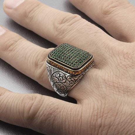 Artisan Sterling Silver Men's Ring Green Zircon
