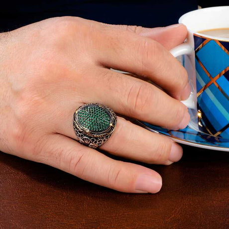 Turkish Artisan Sterling Silver Green Zircon Men's Ring