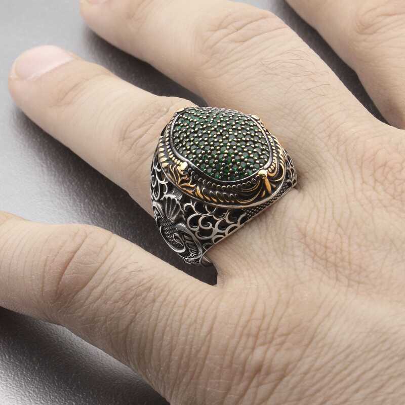 Turkish Artisan Sterling Silver Green Zircon Men's Ring