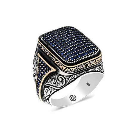 Premium Sterling Silver Navy Zircon Square Men's Ring