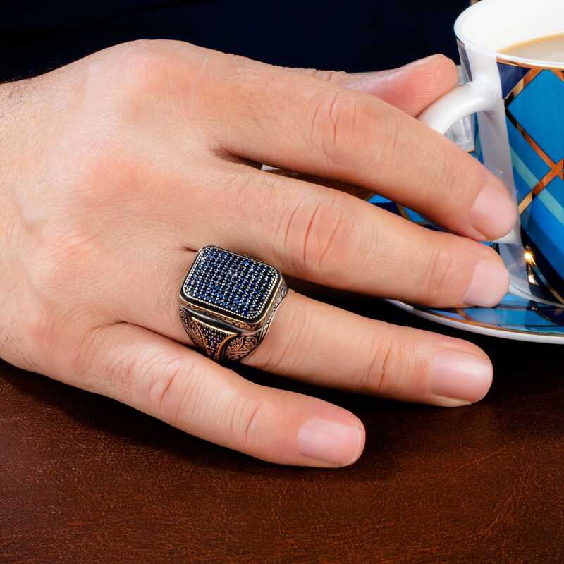 Premium Sterling Silver Navy Zircon Square Men's Ring
