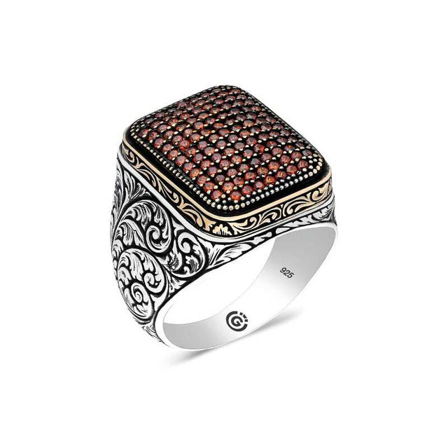 Premium Sterling Silver Red Zircon Square Men's Ring