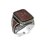 Sterling Silver Men's Red Zircon Square Statement Ring