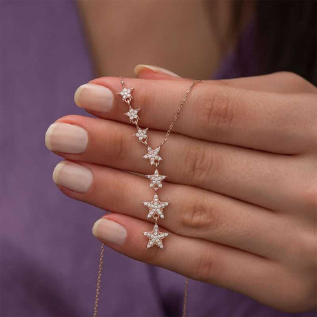 Necklace - Rose Gold Plated Sterling Silver Cascading Star Y-Lariat
